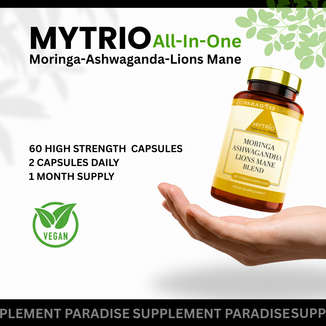 Banner showing Mytrio supplement with moringa, Ashwagandha, and lion’s mane illustration. Highlighting their benefits for energy, stress relief, and focus on a light white background