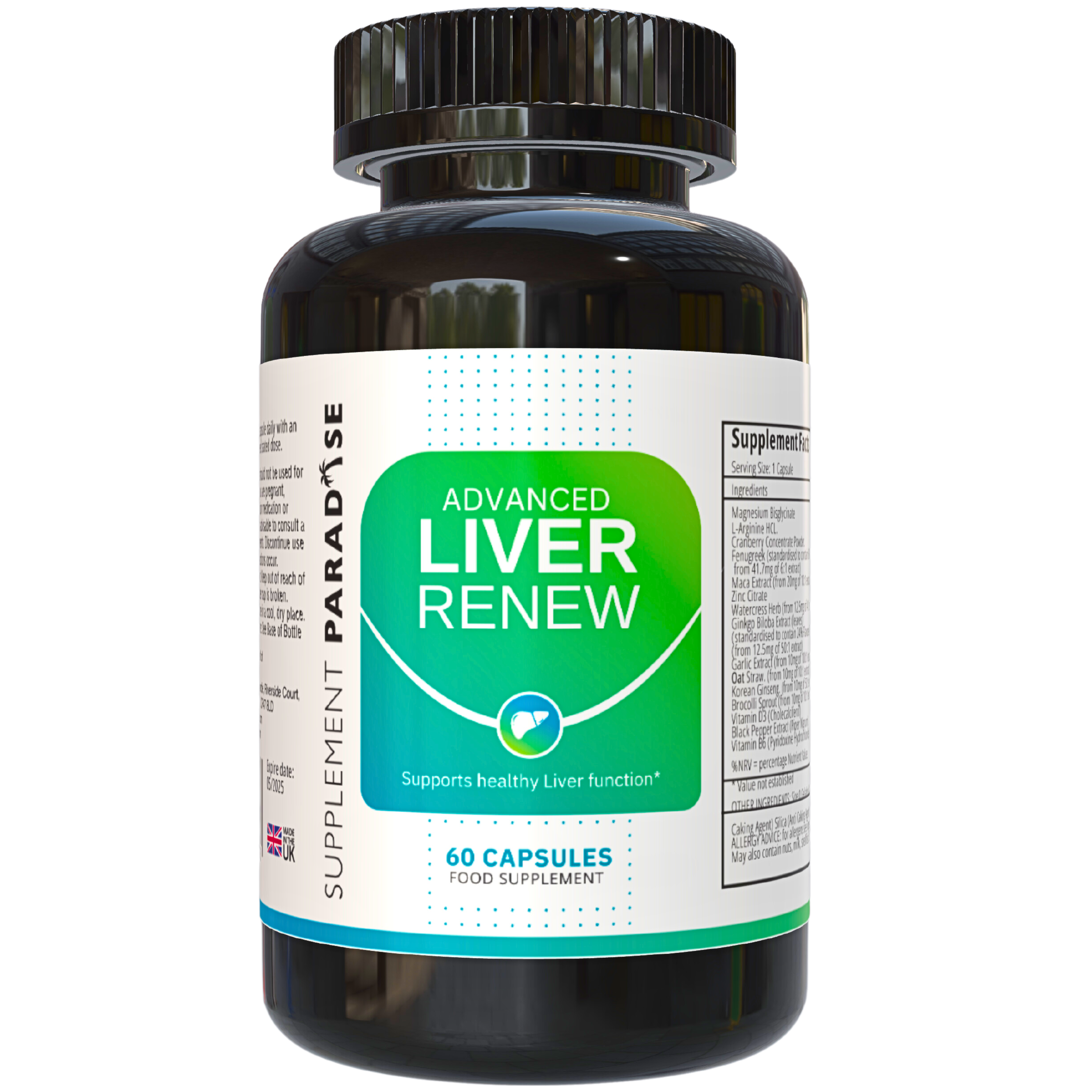 Advanced Liver Renew food supplement bottle shown with full front label, designed to support liver health and daily wellness