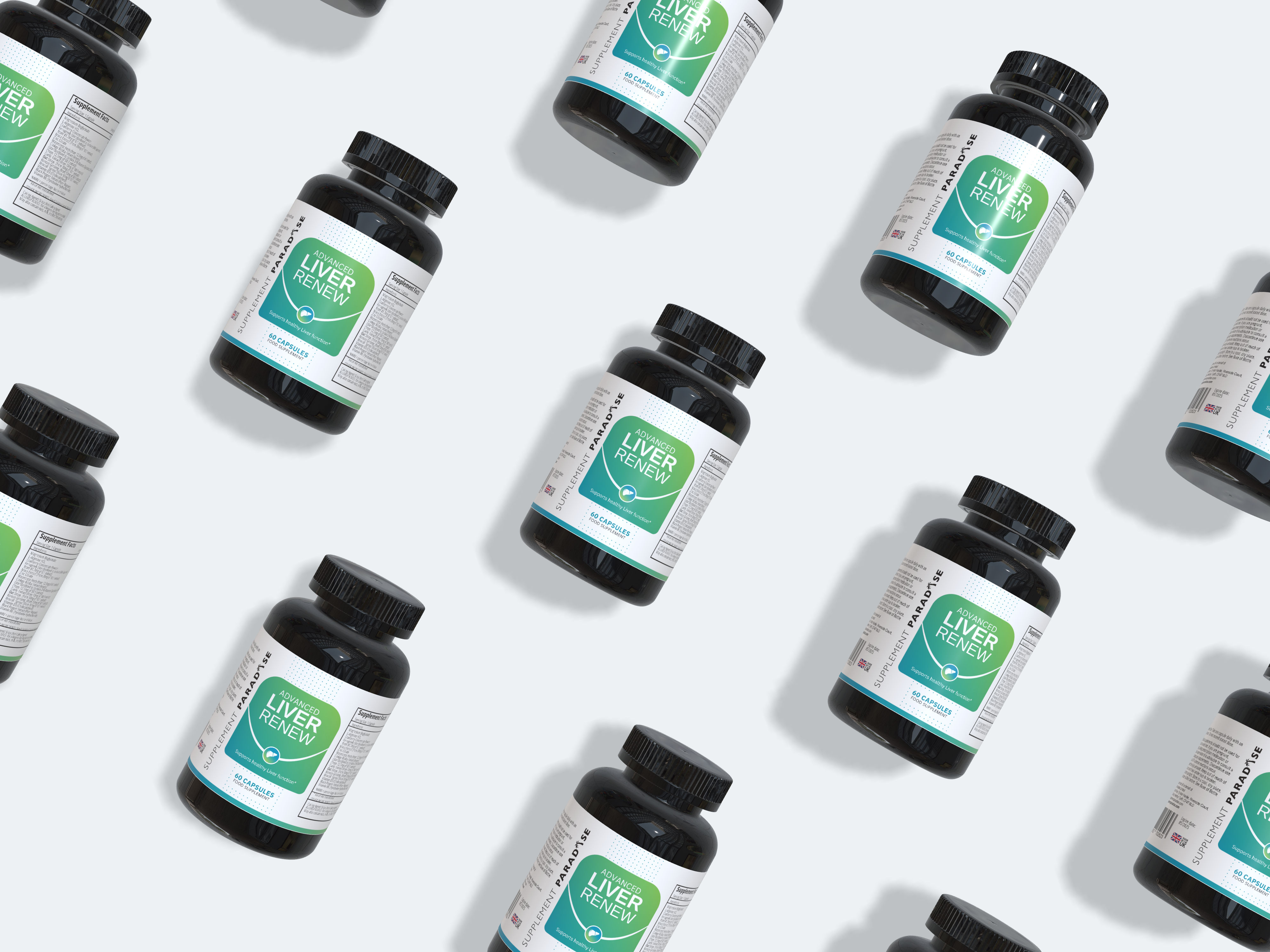 Multiple Advanced Liver Renew supplement bottles displayed on a table, showing the front label and product design from various angles