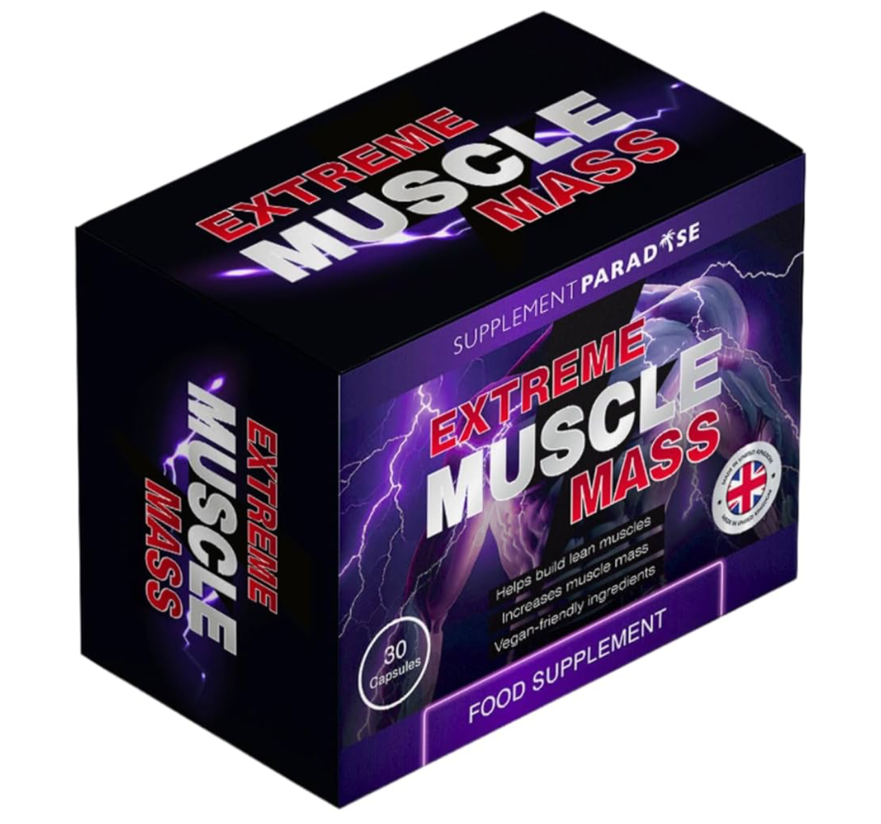 Extreme Muscle Mass supplement shown as a 3D-rendered box, displaying the front design and packaging details.