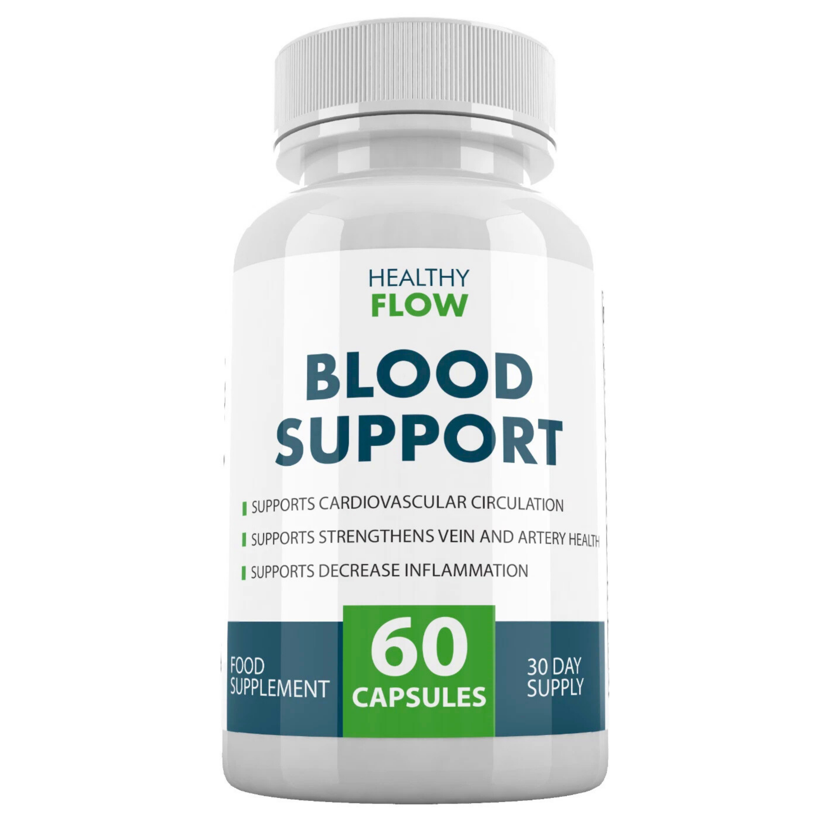 Bottle of 'Healthy Flow Blood Support' supplement on a white background