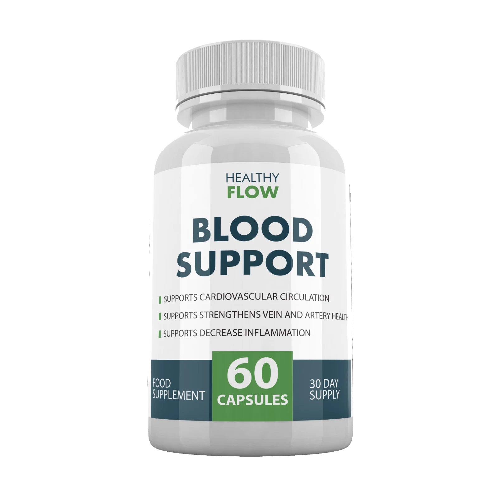 Bottle of 'Healthy Flow Blood Support' supplement on a white background