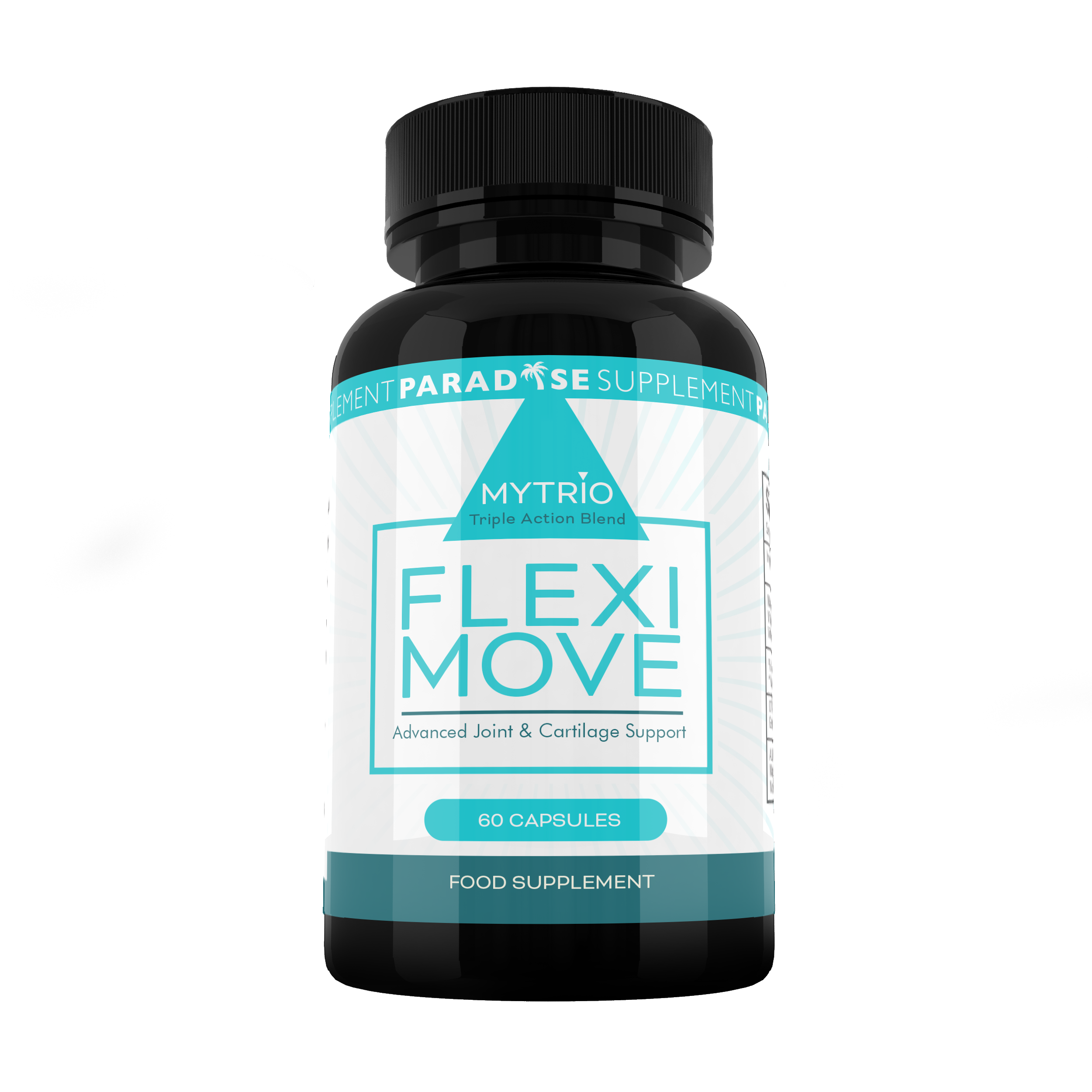 Front-facing view of Mytrio Flexi Move supplement bottle with black background, showing product name and label for joint, cartilage, and mobility support.