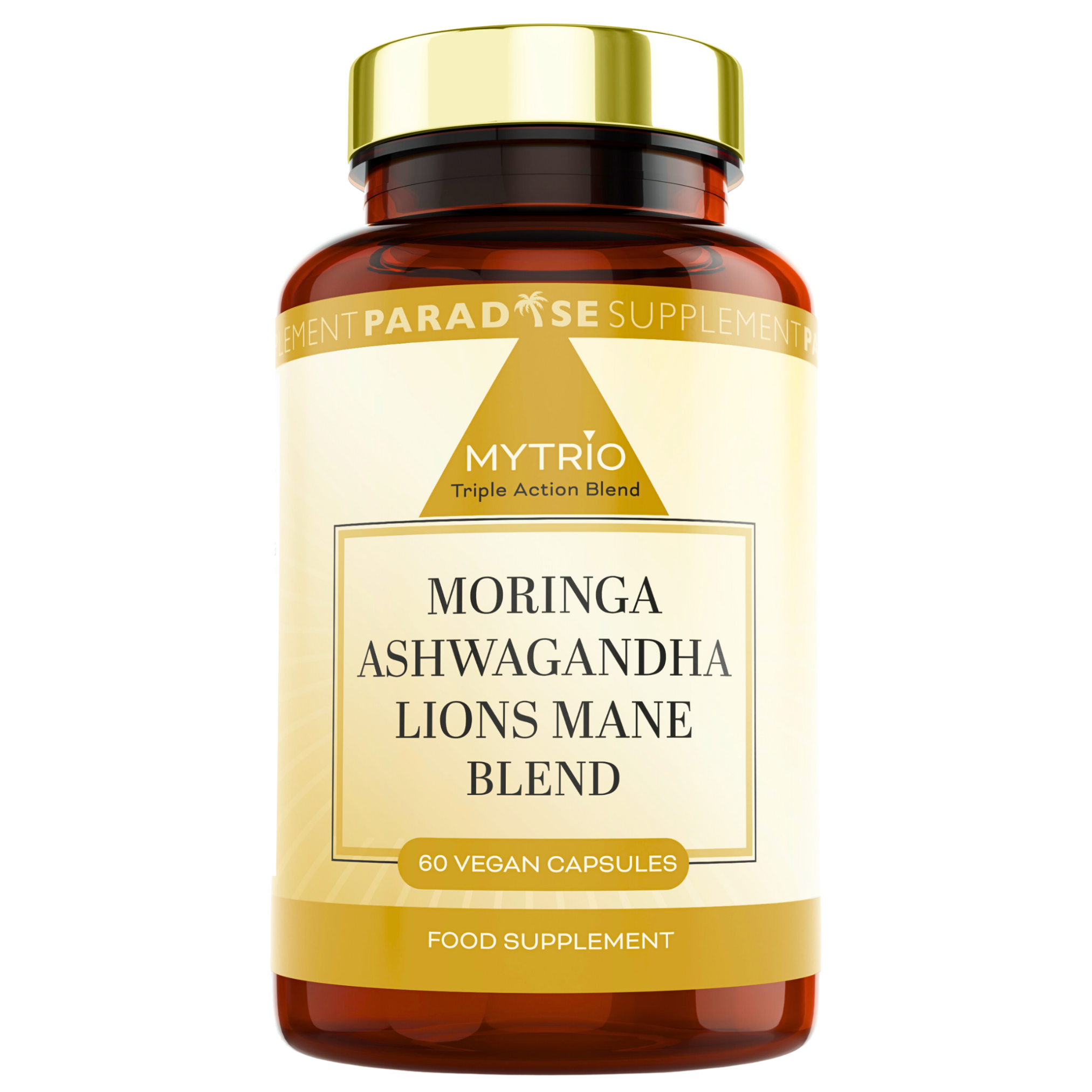 Front-facing image of the Mytrio Moringa supplement bottle showing full packaging design. Contains 60 vegan capsules formulated to support natural energy, immune function, and antioxidant intake.