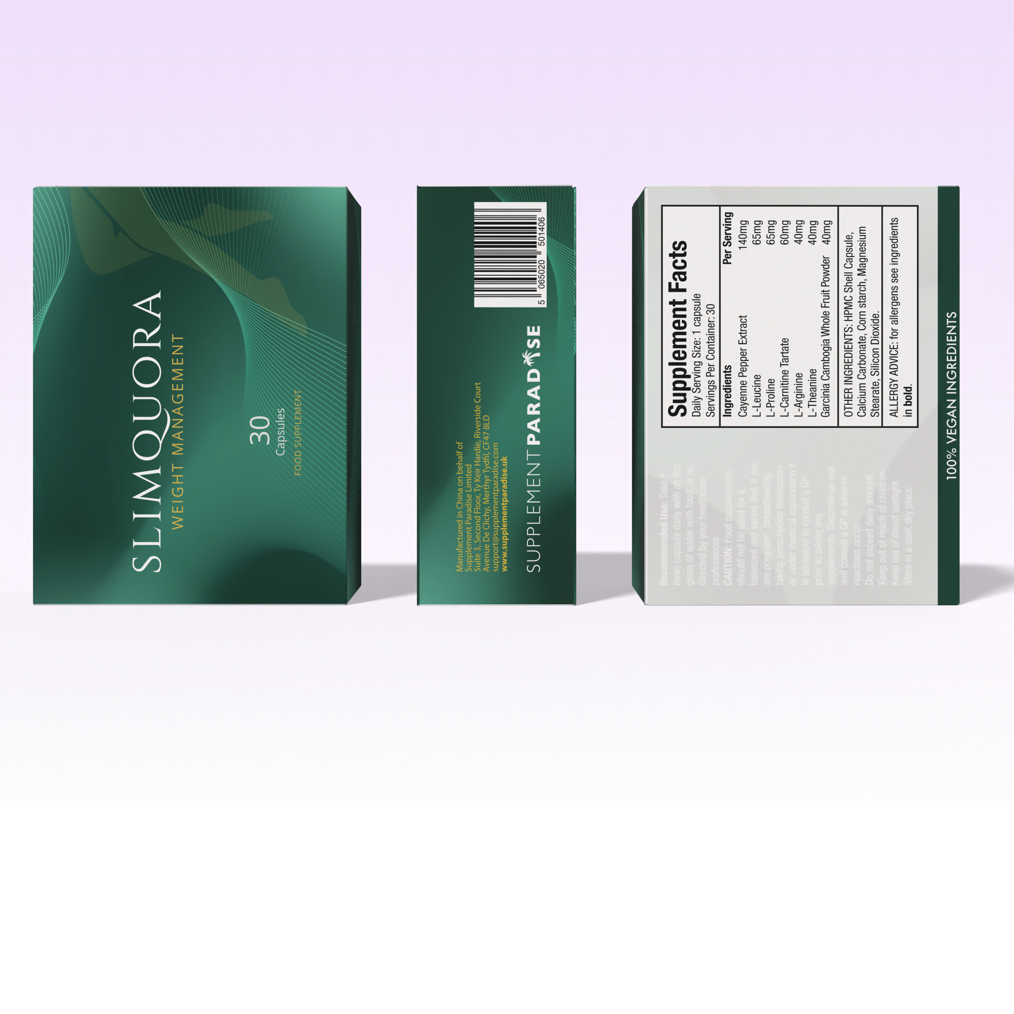 SlimQuora supplement bottle displayed from multiple angles, showing front label, ingredients list, and manufacturer information.
