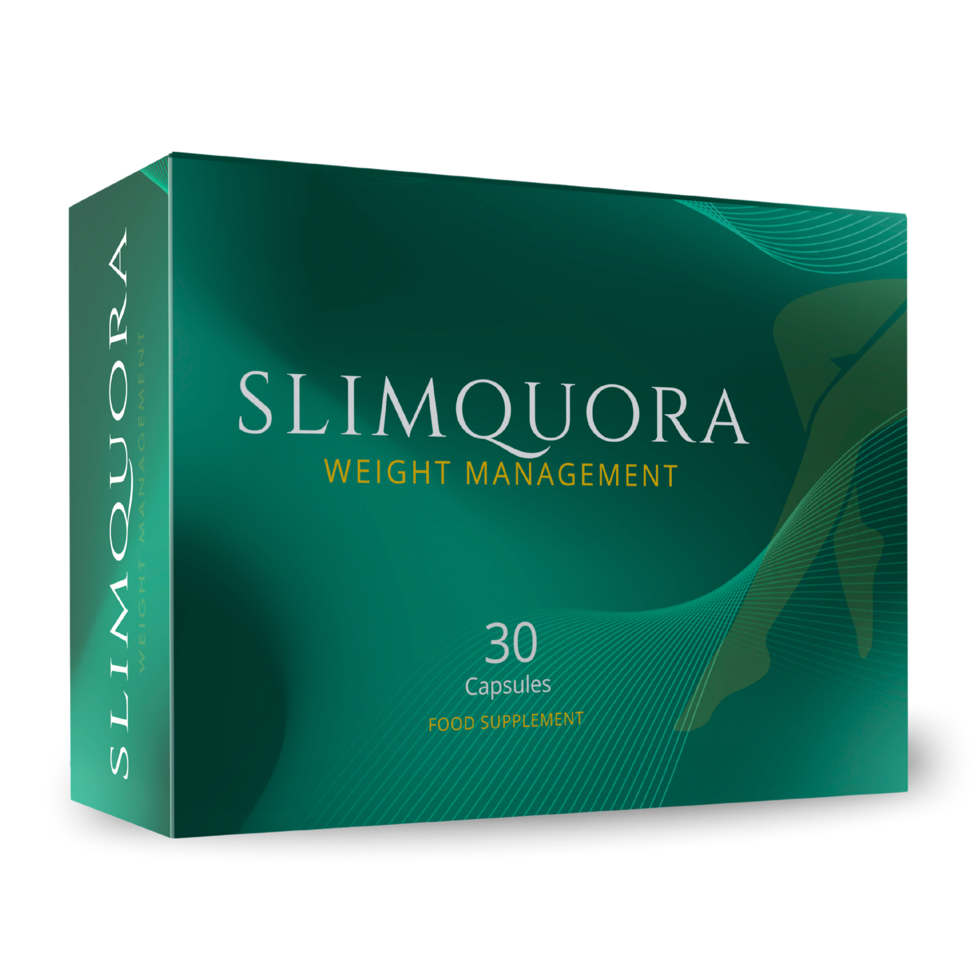 SlimQuora weight management food supplement bottle with 60 vegan capsules, shown in full packaging design on a clean background.