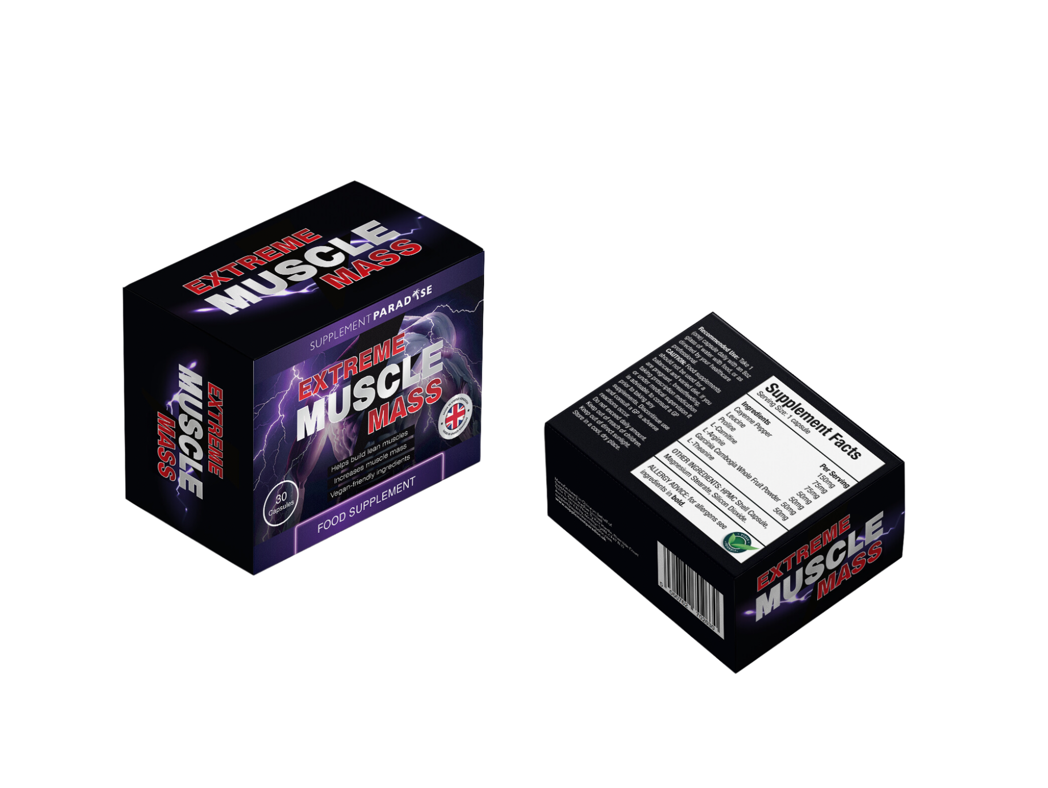 Extreme Muscle Mass supplement box shown from two angles: one displaying the front branding and the other revealing the full ingredient list on the side panel.