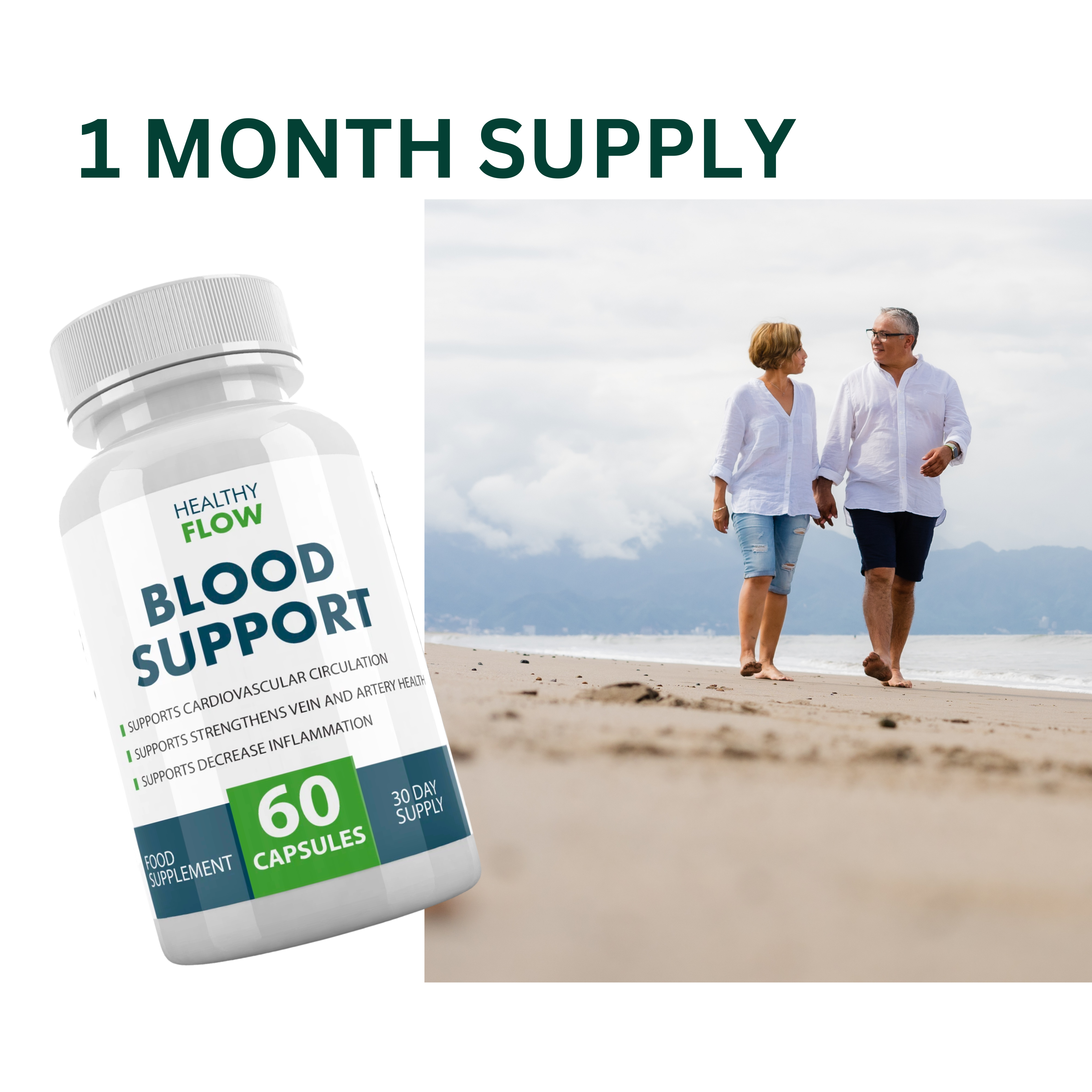 Bottle of 'Healthy Flow Blood Support' supplement with a background of a couple walking on a beach.