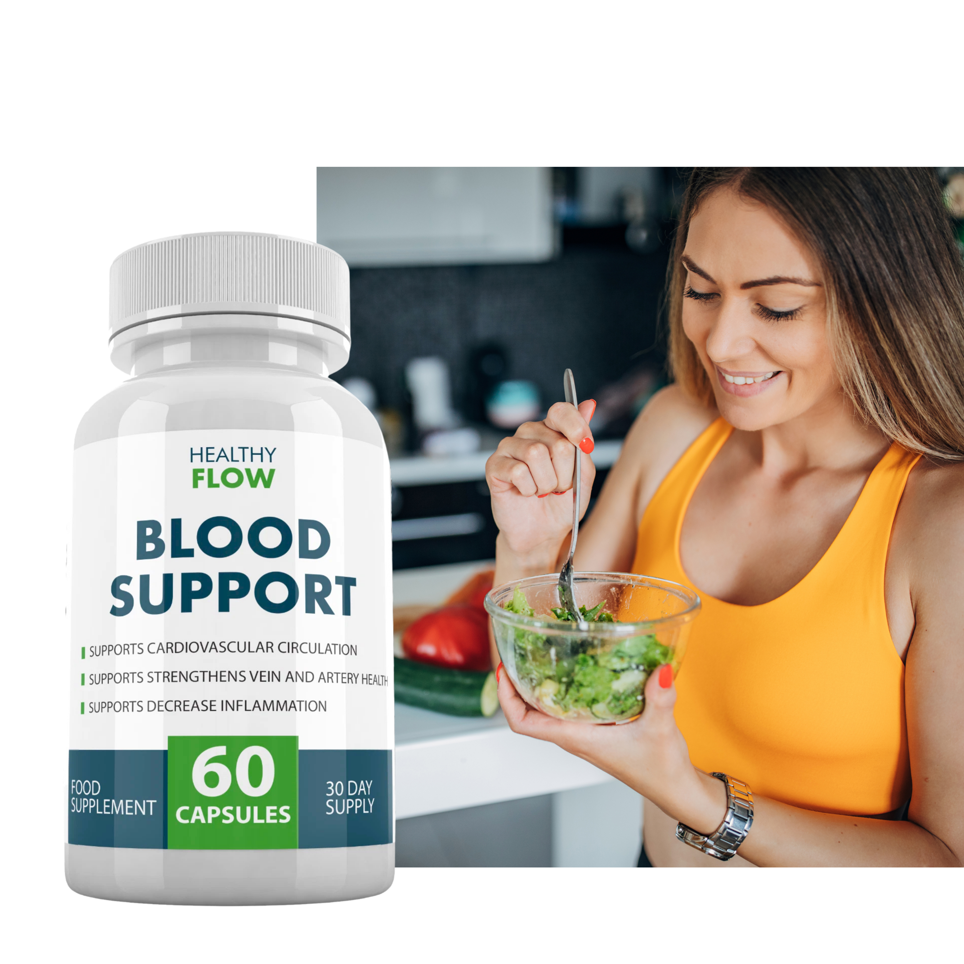 Bottle of 'Healthy Flow Blood Support' supplement with a woman eating a salad in the background.