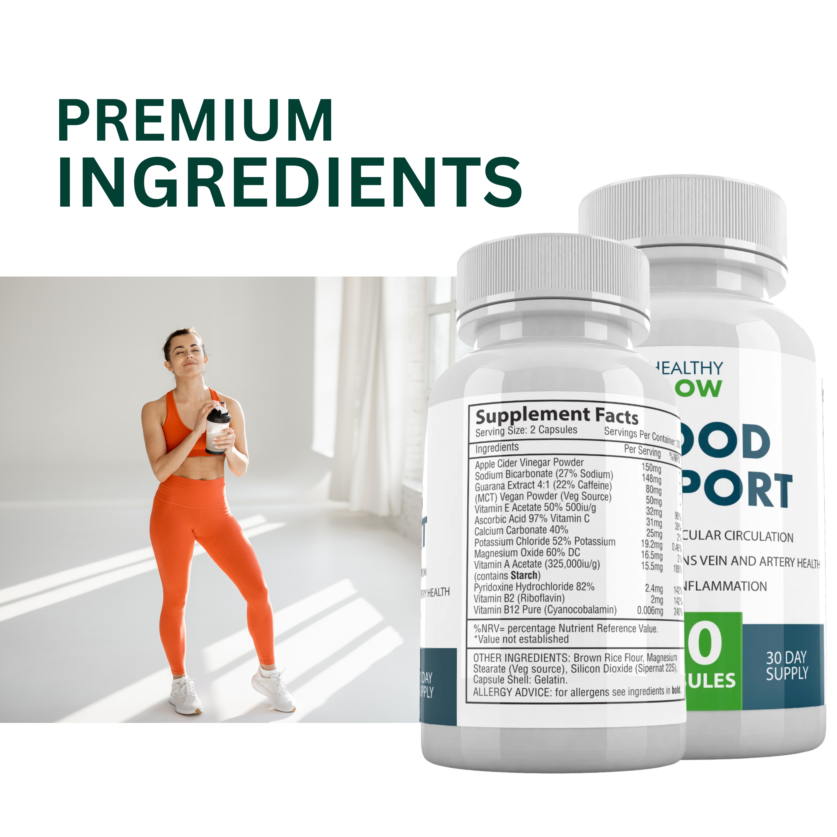 Supplement bottles with a woman exercising in the background, emphasizing 'Premium Ingredients'.