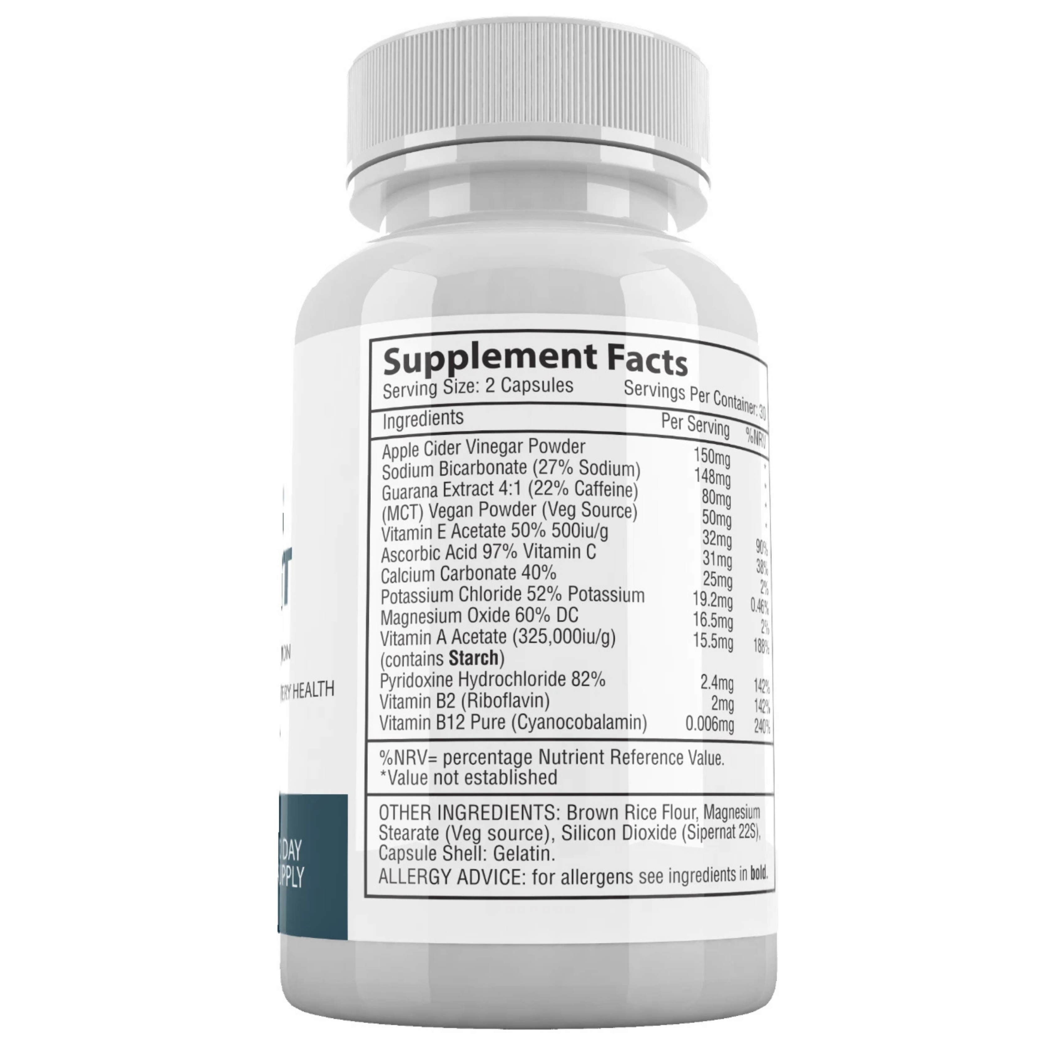 Supplement bottle with label showing 'Supplement Facts' on a white background